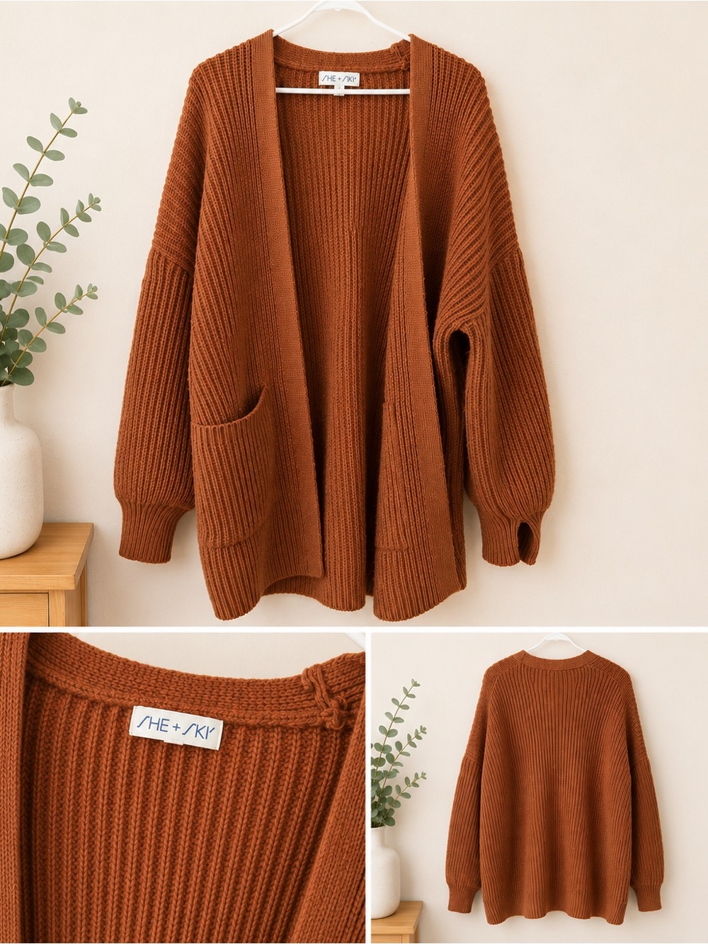Chunky Rust Open-Front Ribbed Knit Cardigan